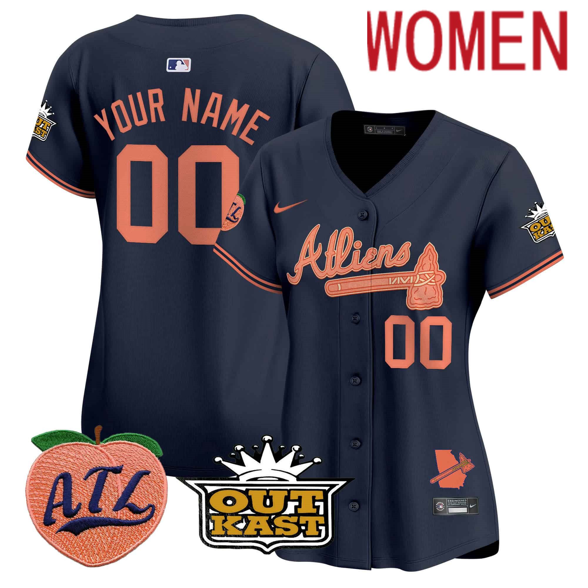 Women Atlanta Braves Blue Nike 2024 Atliens & Peach Vapor Premier Limited Custom MLB Jersey